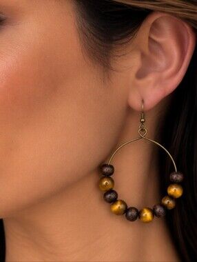 💎 Tiger Eye Look Beaded Hoop Earrings Brown Gold Tone Boho Statement Dangle